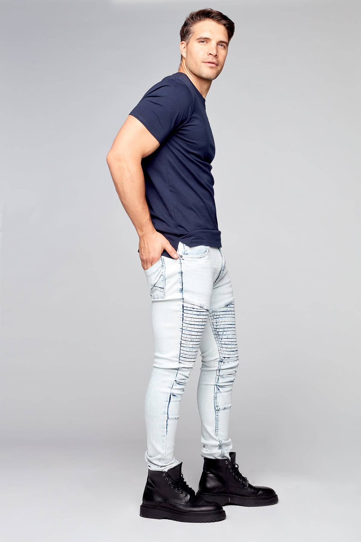 5 Pocket Slim Fit Pintuck Jeans - Light Indigo Acid Wash - DENIM SOCIETY™
