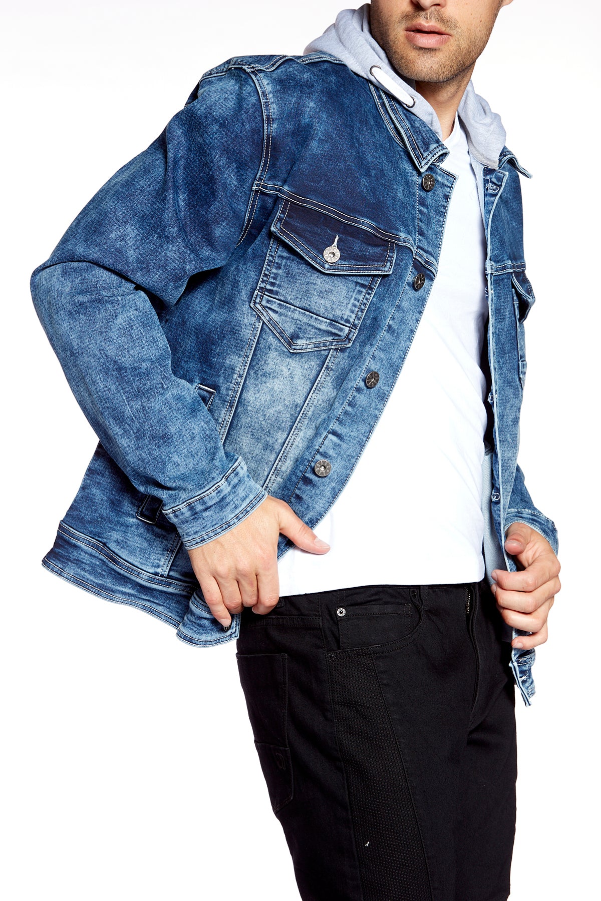 Men's Denim Jacket With Built-In Hood - Medium Blue Acid Wash - DENIM SOCIETY™